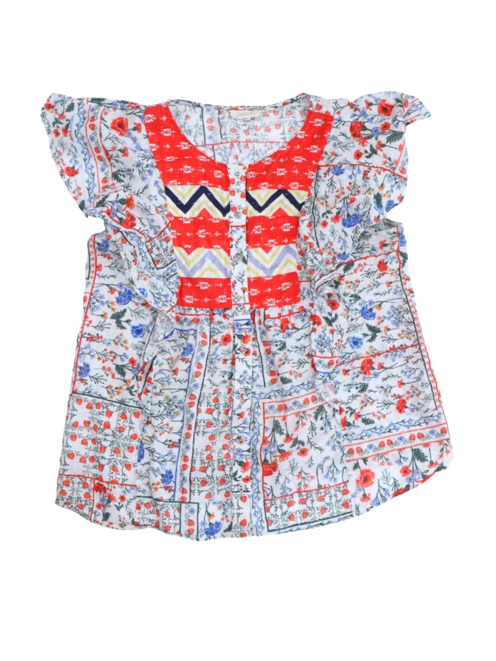 Letuwe Pue Floral Patchwork Ruffle Sleeve Boho Blouse US 4
